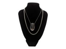 Lot of 2 Silver tone Necklaces - Large Black Stone Pendant & Flat Chain