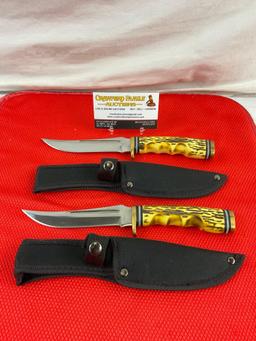 Pair of 5" Stainless Steel Fixed Blade Hunting Knives w/ Faux Antler Handles & Canvas Sheathes. See