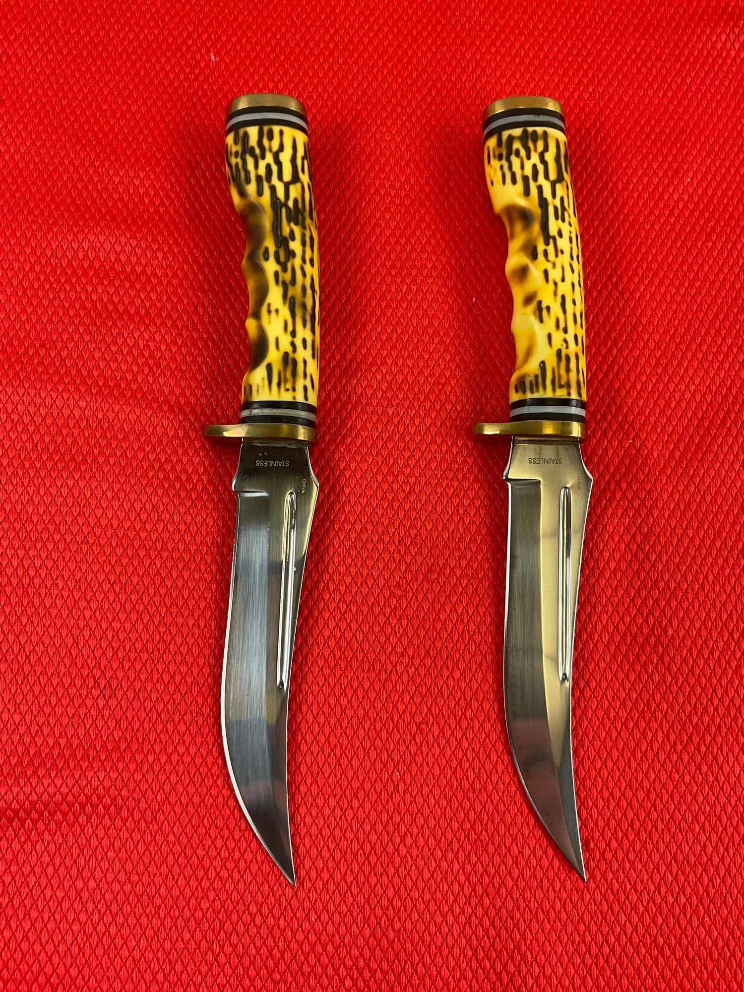 Pair of 5" Stainless Steel Fixed Blade Hunting Knives w/ Faux Antler Handles & Canvas Sheathes. See