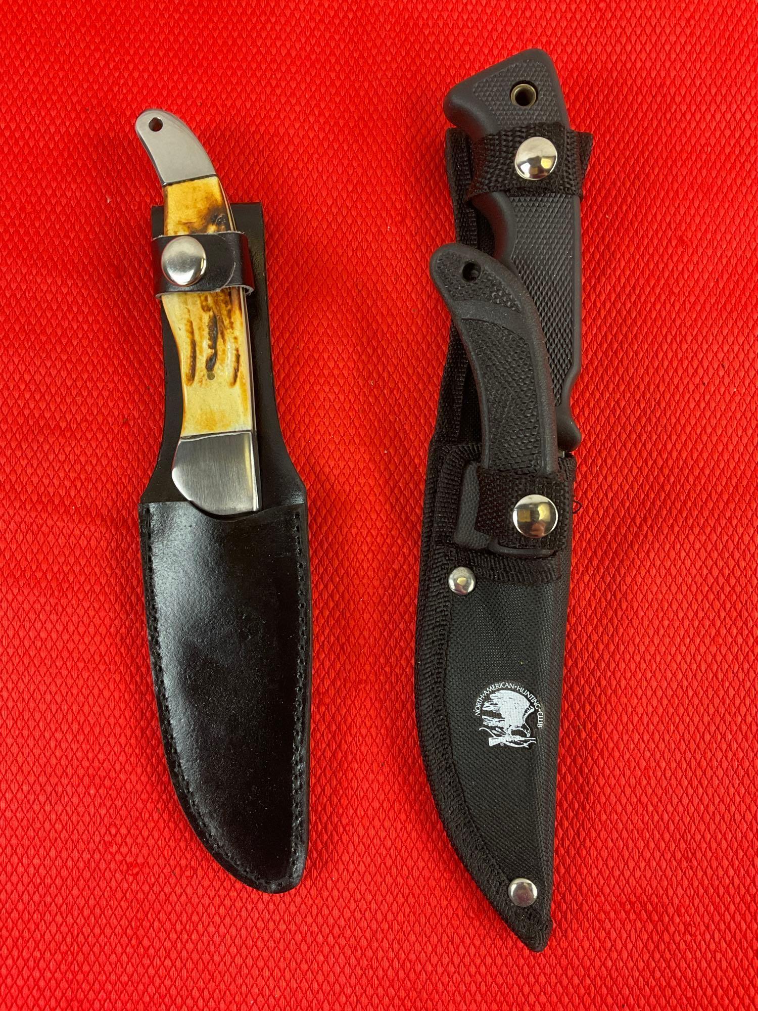 2 pcs 5" Steel Fixed Blade Hunting Knife Assortment w/ Sheathes. North American Hunting Club. NIB.