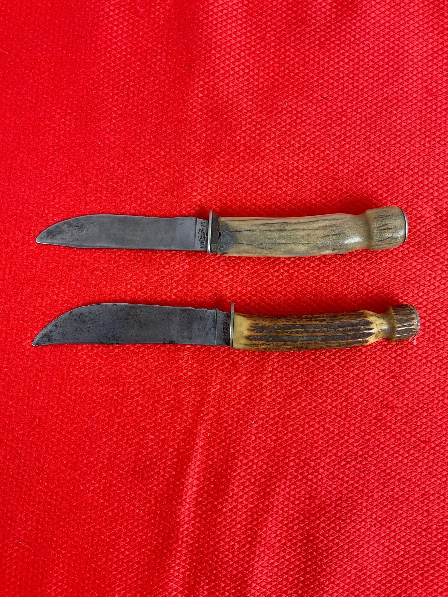 2 pcs Vintage Remington Steel Fixed Blade Knives w/ Antler Handles & Sheathes. Models R73 & R75. ...