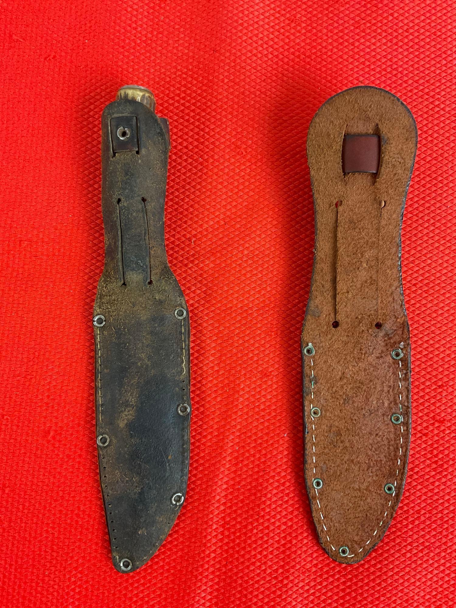 2 pcs Vintage Remington Steel Fixed Blade Knives w/ Antler Handles & Sheathes. Models R73 & R75. ...