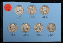 Complete Washington Quarter 25c Whitman Page, 1940-1942 7 Coins
