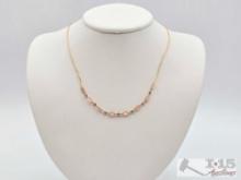 14K Gold Mesh Necklace with Pink Semi-Precious Stones, 2.90g