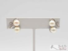 14K White Gold Diamond & Pearl Screw-On Earrings, 7.34g