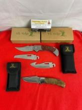 2 pcs Elk Ridge 440 Steel Folding Blade Lock Back Pocket Knives Models 55 & 138 w/ Sheathes. NIB.