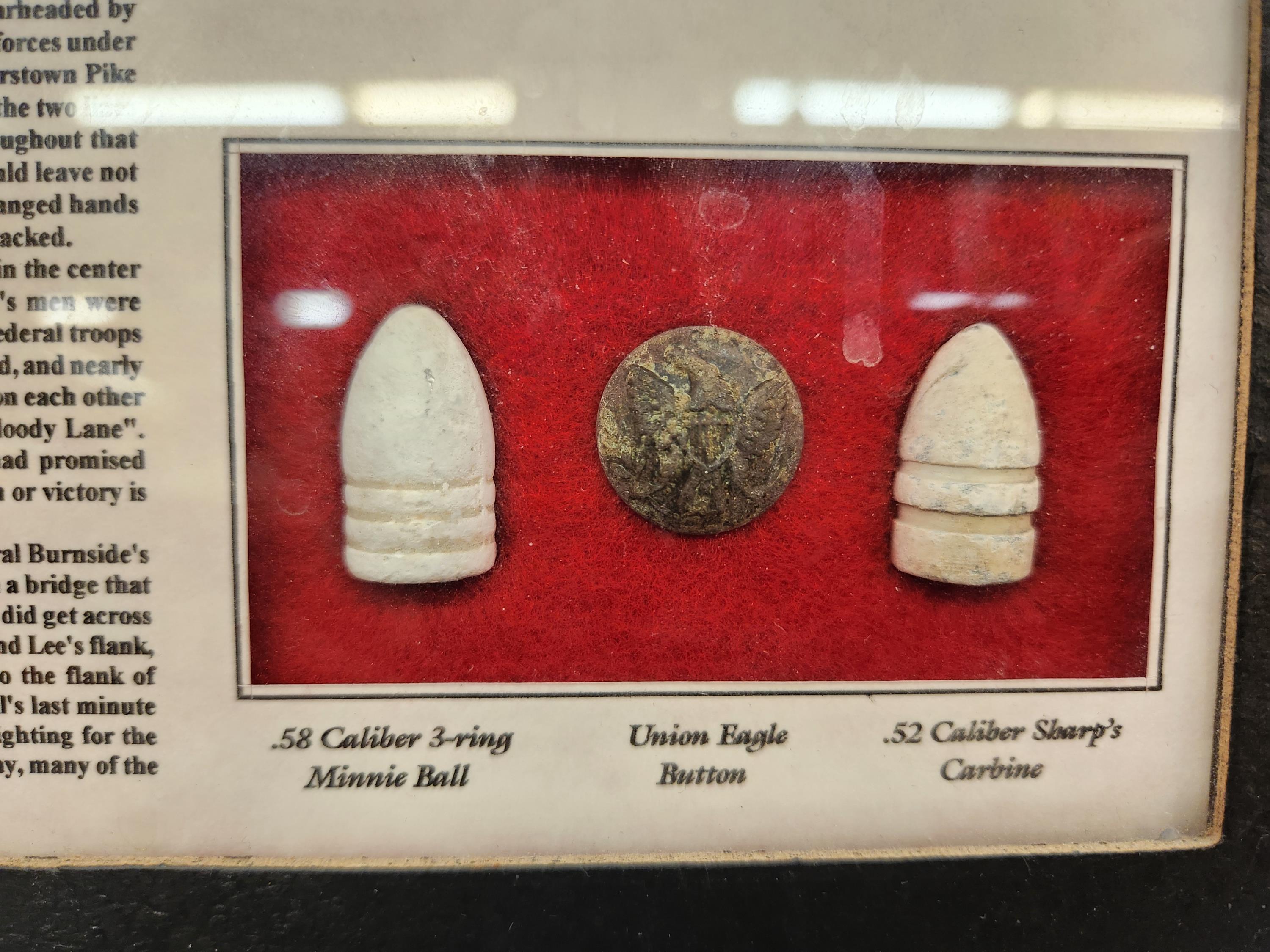 Civil War Battle of Antietam artifacts in case