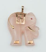 14KYG Pink Quartz Carved Elephant Pendant