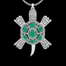 5.91 Ctw VS/SI1 Emerald And Diamond 14K White Gold Tortoise Turtle Pendant Necklace (ALL DIAMOND ARE
