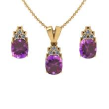 7.95 Ctw VS/SI1 Amethyst and Diamond 14K Yellow Gold Pendant +Earrings Necklace Set (ALL DIAMOND ARE