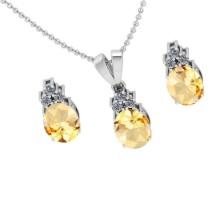 4.20 Ctw VS/SI1 Citrine and Diamond 14K White Gold Pendant +Earrings Necklace Set (ALL DIAMOND ARE L