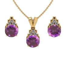 4.65 Ctw VS/SI1 Amethyst and Diamond 14K Yellow Gold Pendant +Earrings Necklace Set (ALL DIAMOND ARE
