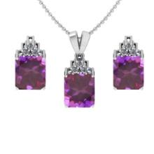 5.00 Ctw VS/SI1 Amethyst and Diamond 14K White Gold Pendant +Earrings Necklace Set (ALL DIAMOND ARE