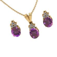 4.20 Ctw VS/SI1 Amethyst and Diamond 14K Yellow Gold Pendant +Earrings Necklace Set (ALL DIAMOND ARE