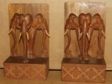 Asian Hand Carved Elephant Book Ends