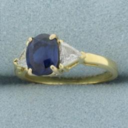 Aaa Sapphire And Trillion Diamond Ring In 18k Yellow Gold