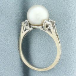 Akoya Pearl And Diamond Ring In 14k White Gold