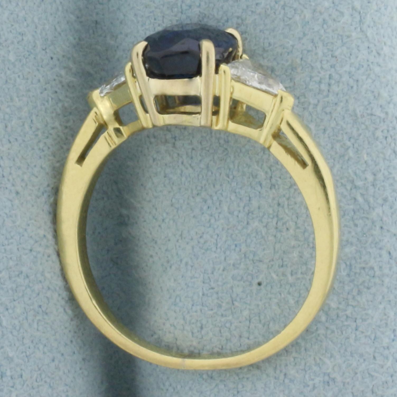 Aaa Sapphire And Trillion Diamond Ring In 18k Yellow Gold