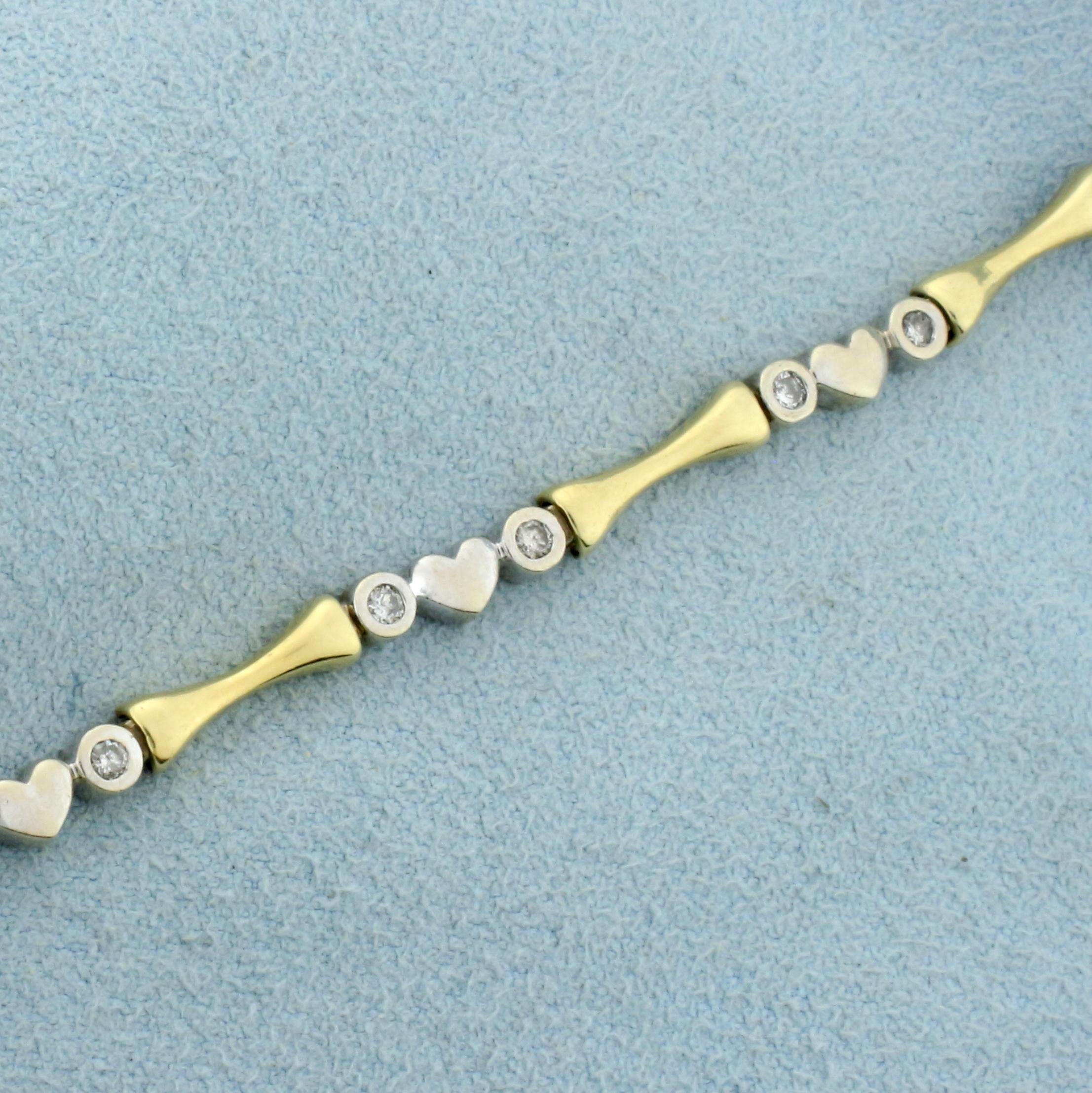 Diamond Heart And Bar Link Bracelet In 14k Yellow And White Gold