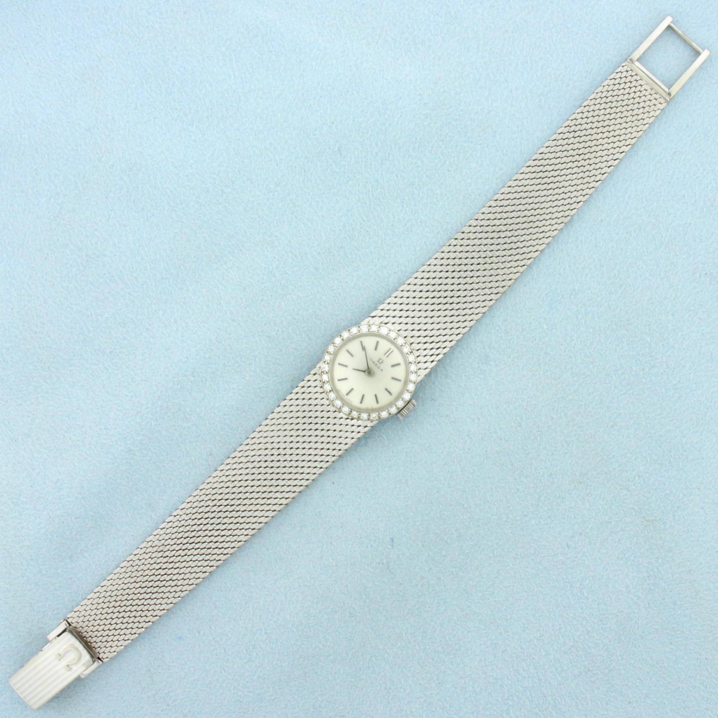 Womens Vintage Manual Wind Omega Wrist Watch In Solid 18k White Gold