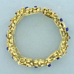 Designer Ruby And Lapis Lazuli Flower Design Bracelet In 14k Yellow Gold