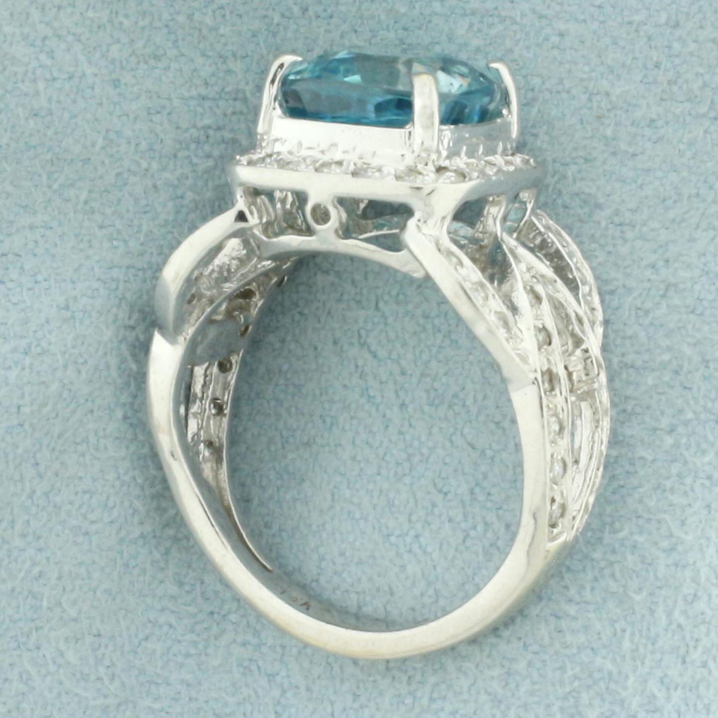Swiss Blue Topaz And Diamond Halo Ring In 14k White Gold
