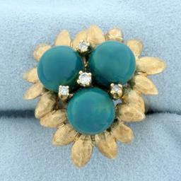 Turquoise And Diamond Flower Ring In 14k Yellow Gold