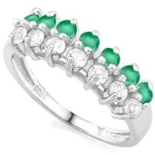 Emerald & White Topaz Line Ring In Sterling Silver