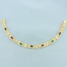 Ruby, Emerald, And Sapphire Panther Link Bracelet In 14k Yellow Gold