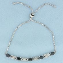 Sapphire And Diamond Adjustable Bolo Bracelet In Sterling Silver