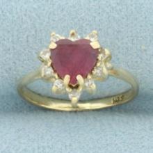 Heart Ruby And Diamond Halo Ring In 14k Yellow Gold