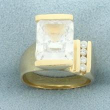 Radiant Cz And Diamond Ring In 14k Yellow Gold