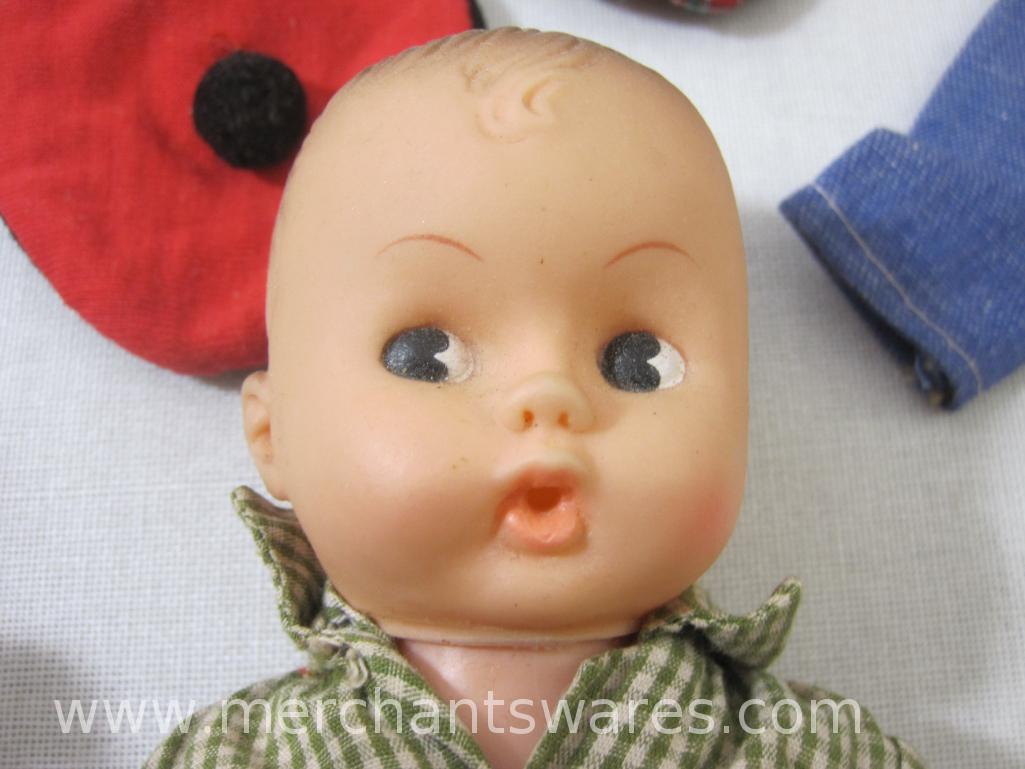 Lot of Vintage Dolls and Doll Clothes, some marked Hong Kong and more, see pictures, 2 lbs 6 oz