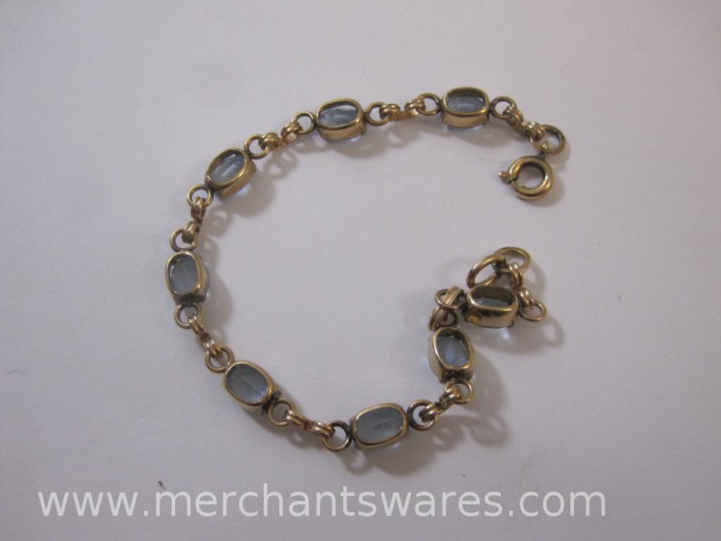 Gold Filled Jewelry including two necklaces, bracelet with blue gemstones and clip-on clasp