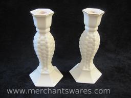 Pair of Lefton Ceramic Basketweave Candlesticks, 1999, 1 lb 10 oz
