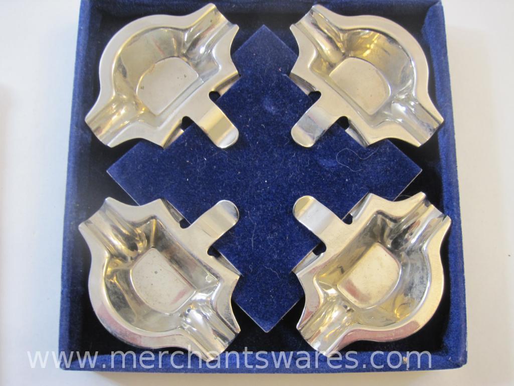Set of Four Demi-Tray Ashtrays with Bright Nickel Finish in Original Box, LM Gowin Mfg Co, 5 oz