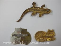 Three Animal Pins, Two Cats and a Gold Tone Lizard