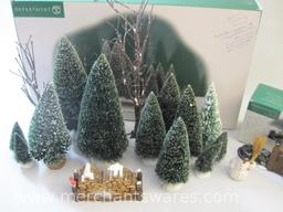 Assorted Department 56 Christmas Display Accessories including Village Landscape Trees, Woodpile and