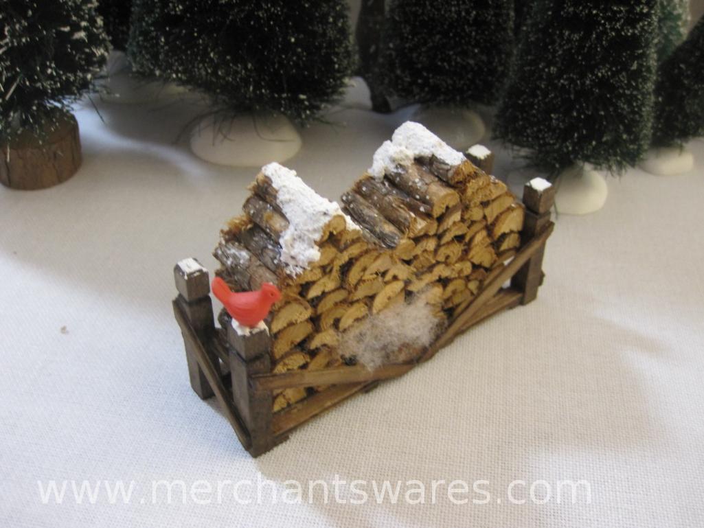 Assorted Department 56 Christmas Display Accessories including Village Landscape Trees, Woodpile and