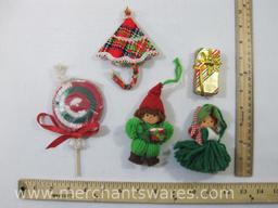 Christmas Ornaments includes Two Yarn Dolls, Knitted lollypop and Wrapped Gift, 2 oz