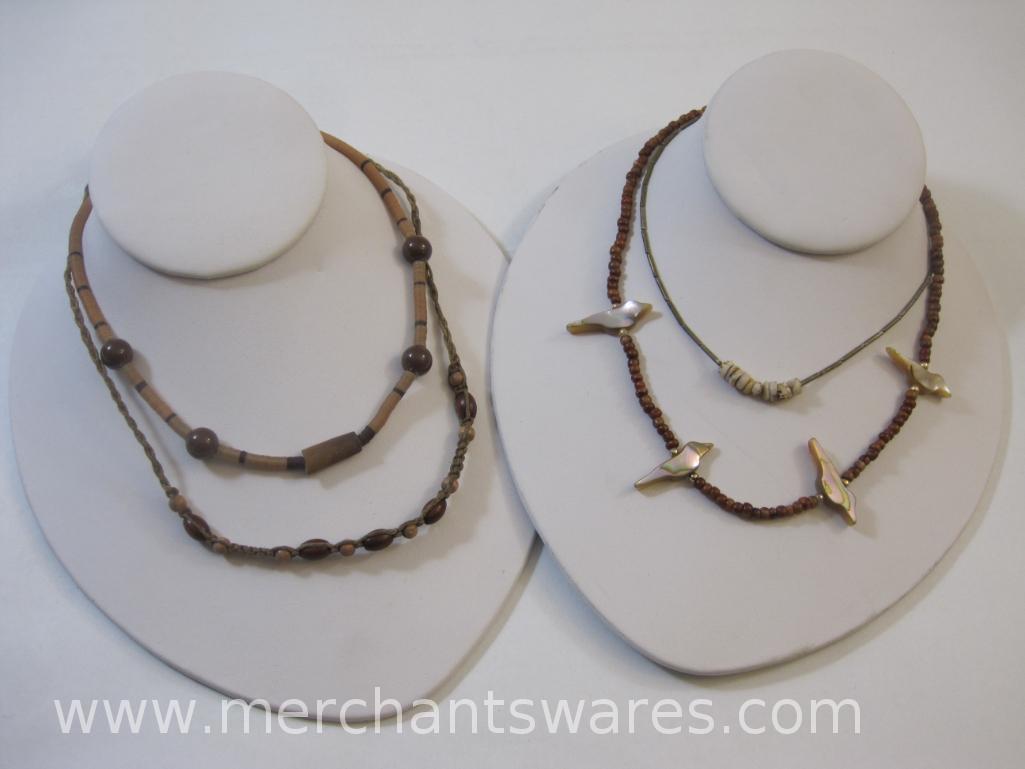 Four Necklaces including Wood Beads with Stone Birds and more