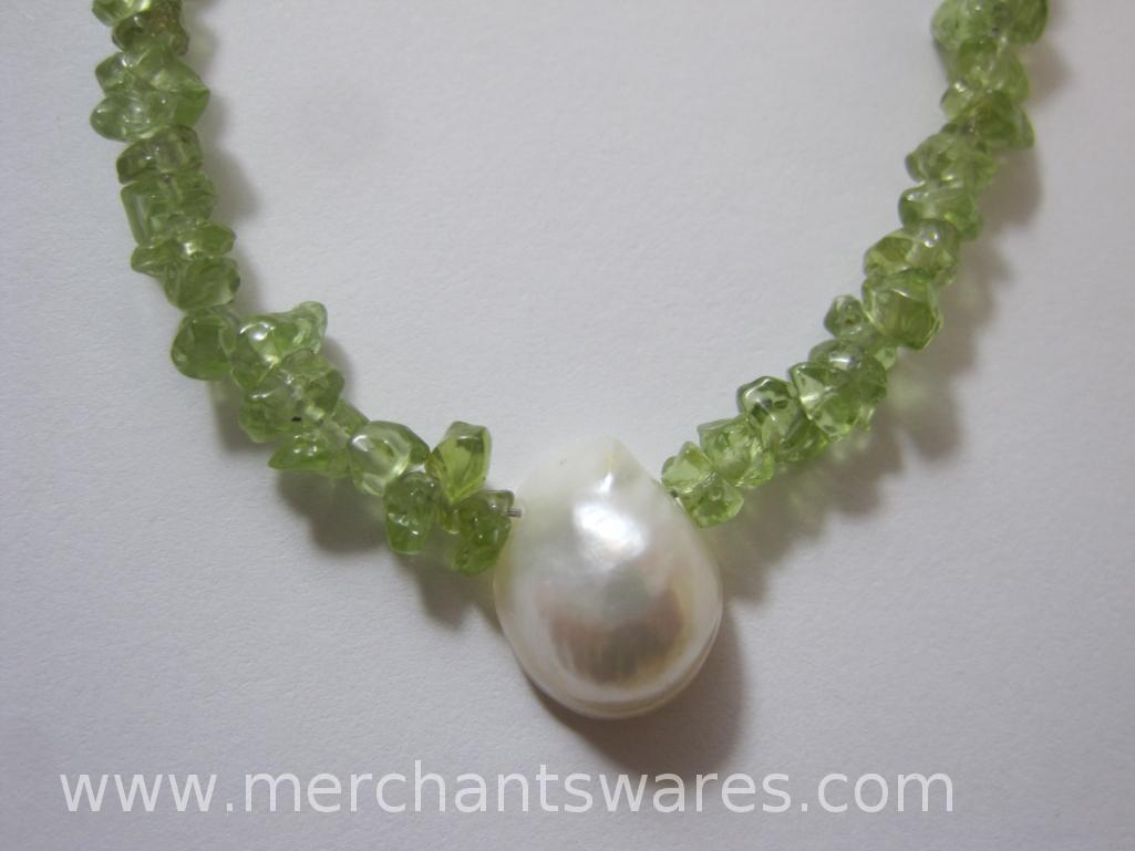 Two Heavy Czech Crystal Necklaces, with a Green Stone Chip Beaded Necklace with Mother of Pearl