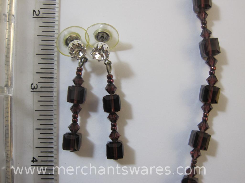 Smokey Burgundy Square Crystal Bead Necklace and Earring Set, 1oz