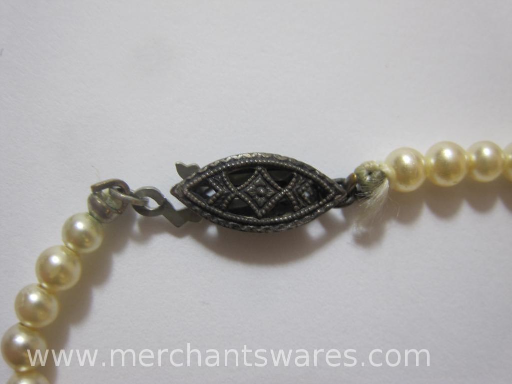 Faux Pearl Strand with Sterling Silver Clasp and Krementz Pearl Accented Pin