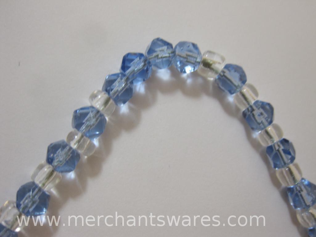 Three Cut Glass Beaded Necklaces with Set of Glass Beaded Clip On Earrings, one necklace has a