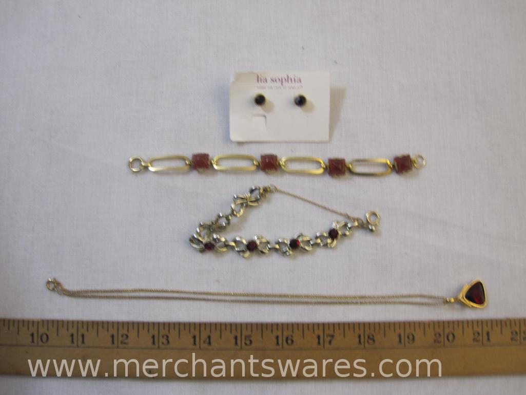 Gold Filled Red Bow Bracelet, with Gold Tone and Red Lia Sophia Earring Set, Necklace with Red