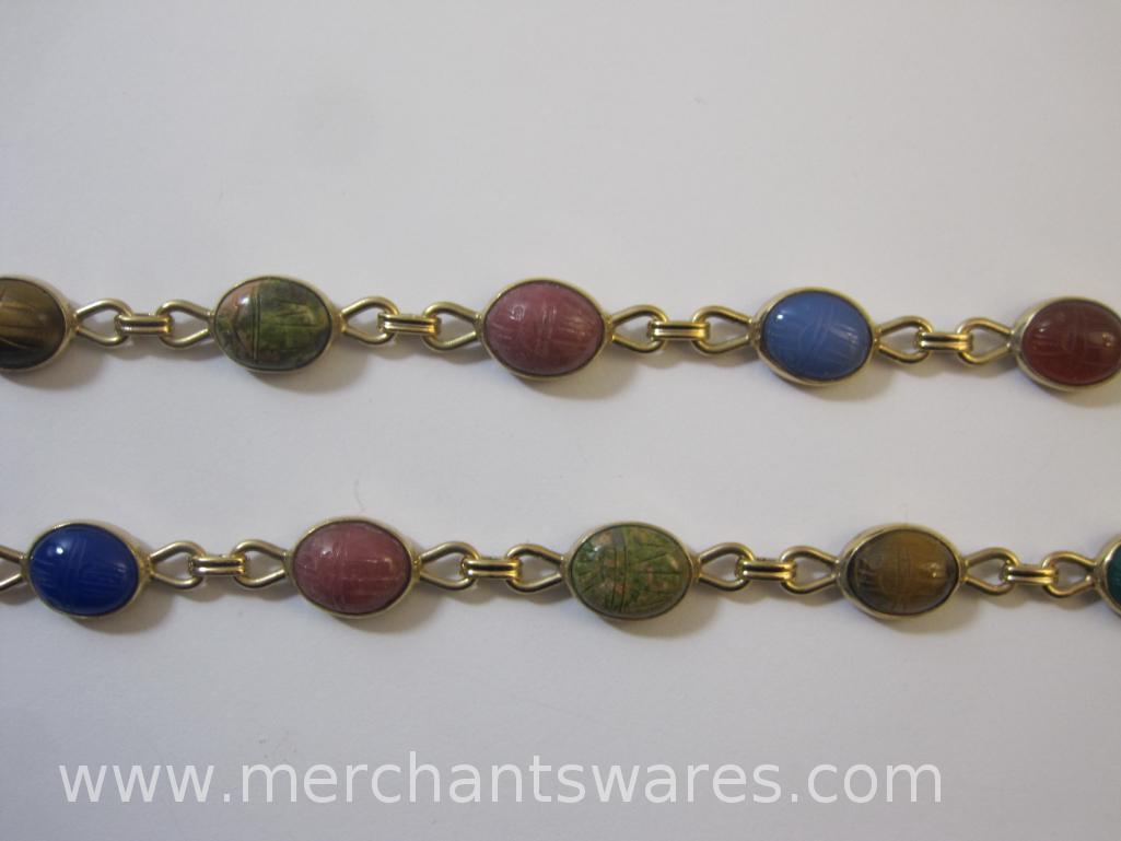 Multi Color Scarab Necklace and Bracelet, both Gold Filled, with Gold Filled Clip on Scarab Earrings