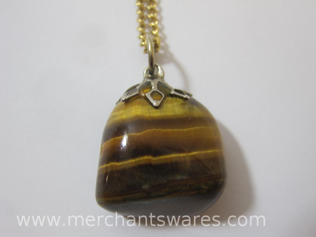 Black and Gold Tone Trifari Necklace with Six Gold Tone Necklaces, some natural Tiger Eye Stone, one