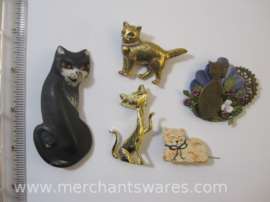 Cat Themed Pins including Black Ceramic Cat handmade by Carol Halmy, 3oz