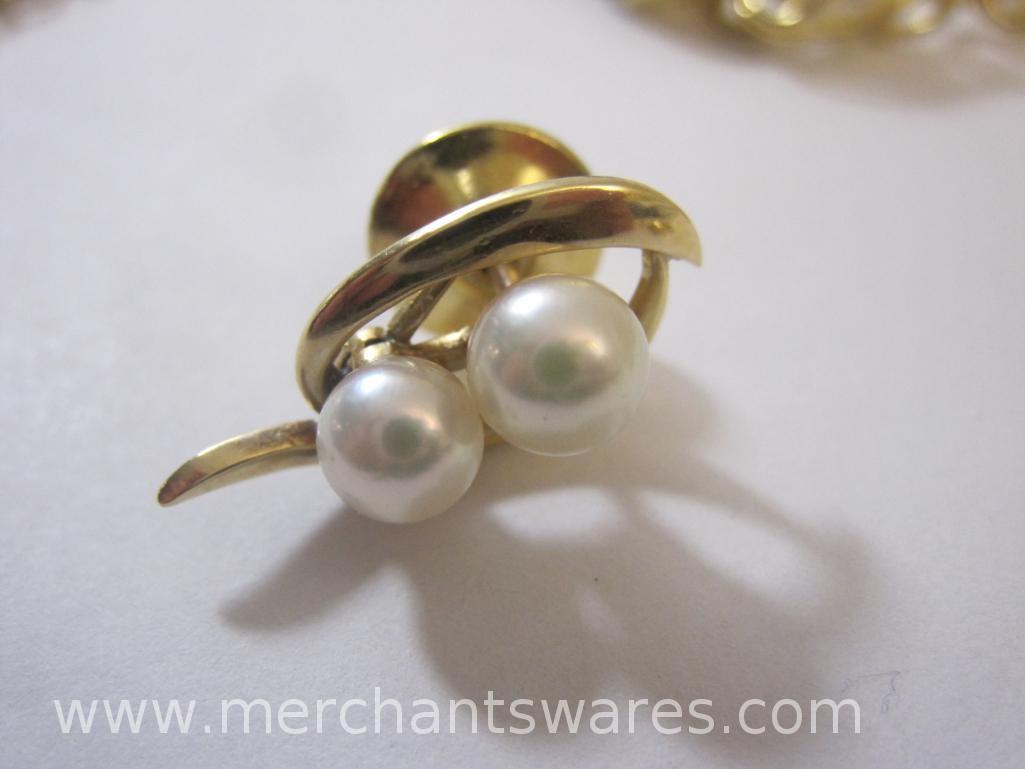 Gold Tone Captured Pearl Necklace Plus Trifari Potted Tree Pin and more, 1oz